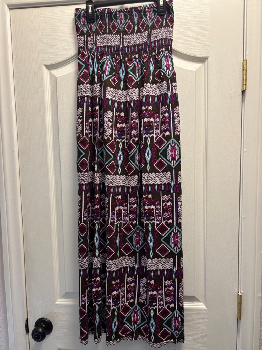 Women's Strapless Maxi Skirt in Black & Purple Geometric Print